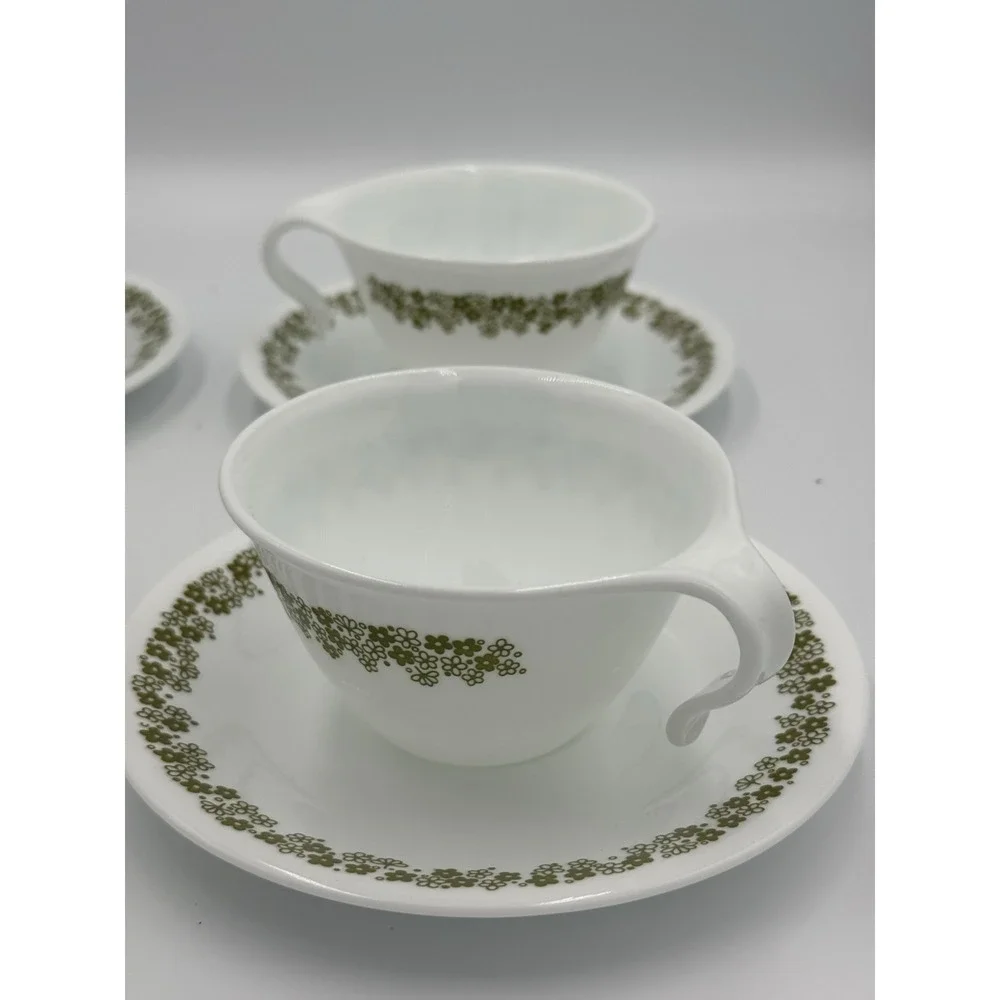 4 Corelle Corning Green Spring Blossom Crazy Daisy Hook Handle Cups and Saucers